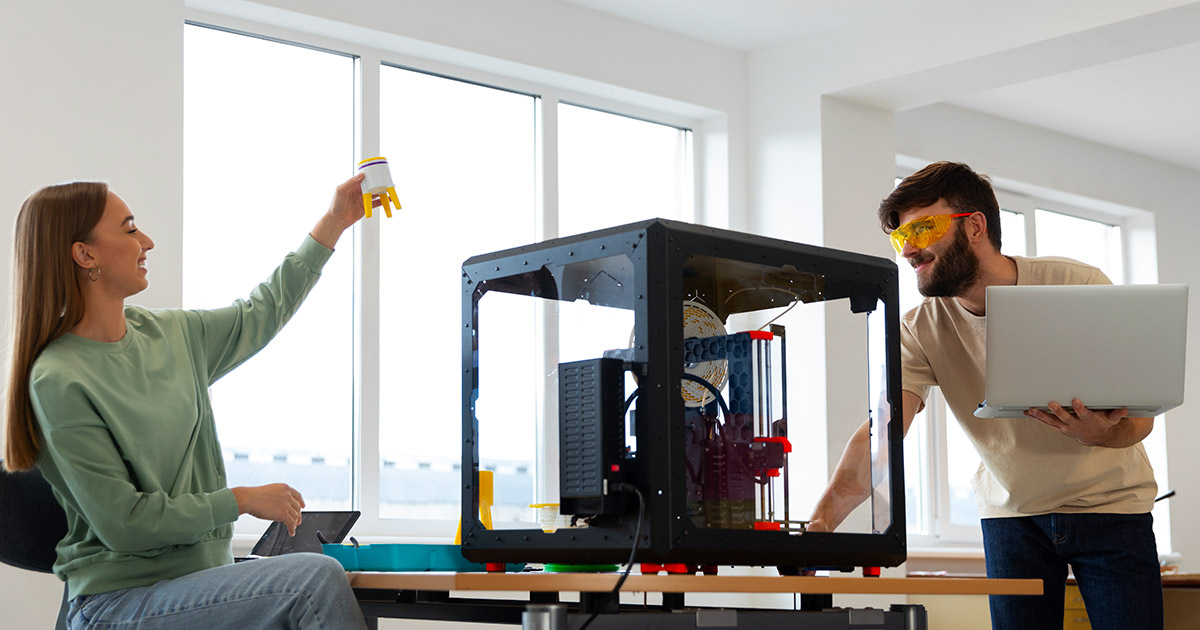duas pessoas usam uma impressora 3D.